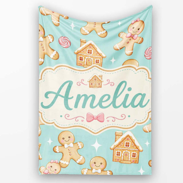 Cute Gingerbread Cookies Candy House Teal Background Seamless  Personalised Custom Name Super Soft Fleece Blanket Bed Sofa Throw