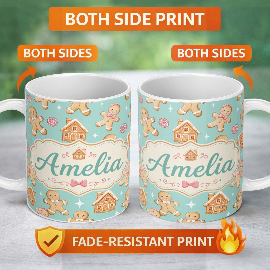 Personalized Custom Name Cute Gingerbread Cookies Candy House Teal Background Seamless 11oz Ceramic Coffee Tea Mug White Large Handle