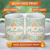 Personalized Custom Name Cute Gingerbread Cookies Candy House Teal Background Seamless 11oz Ceramic Coffee Tea Mug White Large Handle