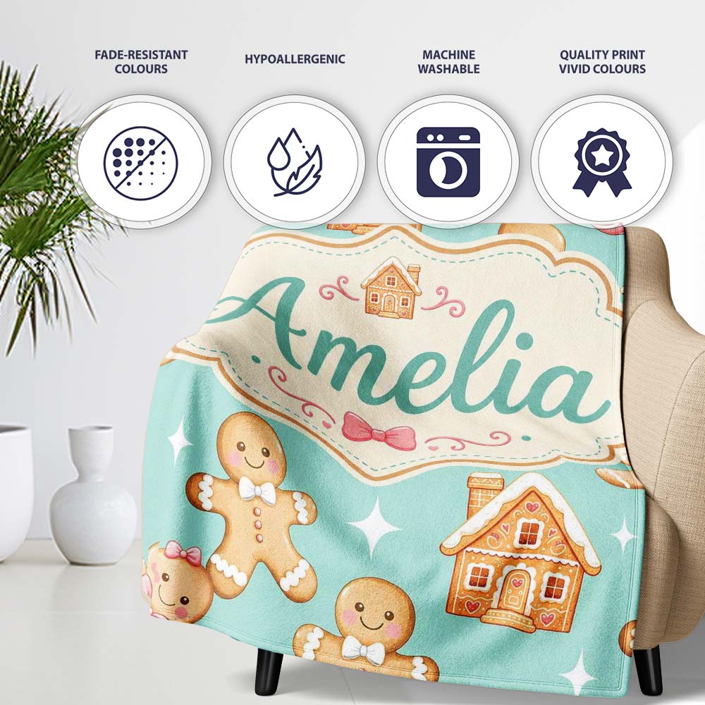 Cute Gingerbread Cookies Candy House Teal Background Seamless  Personalised Custom Name Super Soft Fleece Blanket Bed Sofa Throw