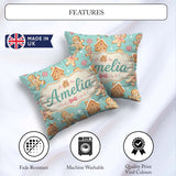 Custom Name Cute Gingerbread Cookies Candy House Teal Background Square Filled Cushion Throw Pillow Sofa Bed Home Decor Zip Washable UK Made