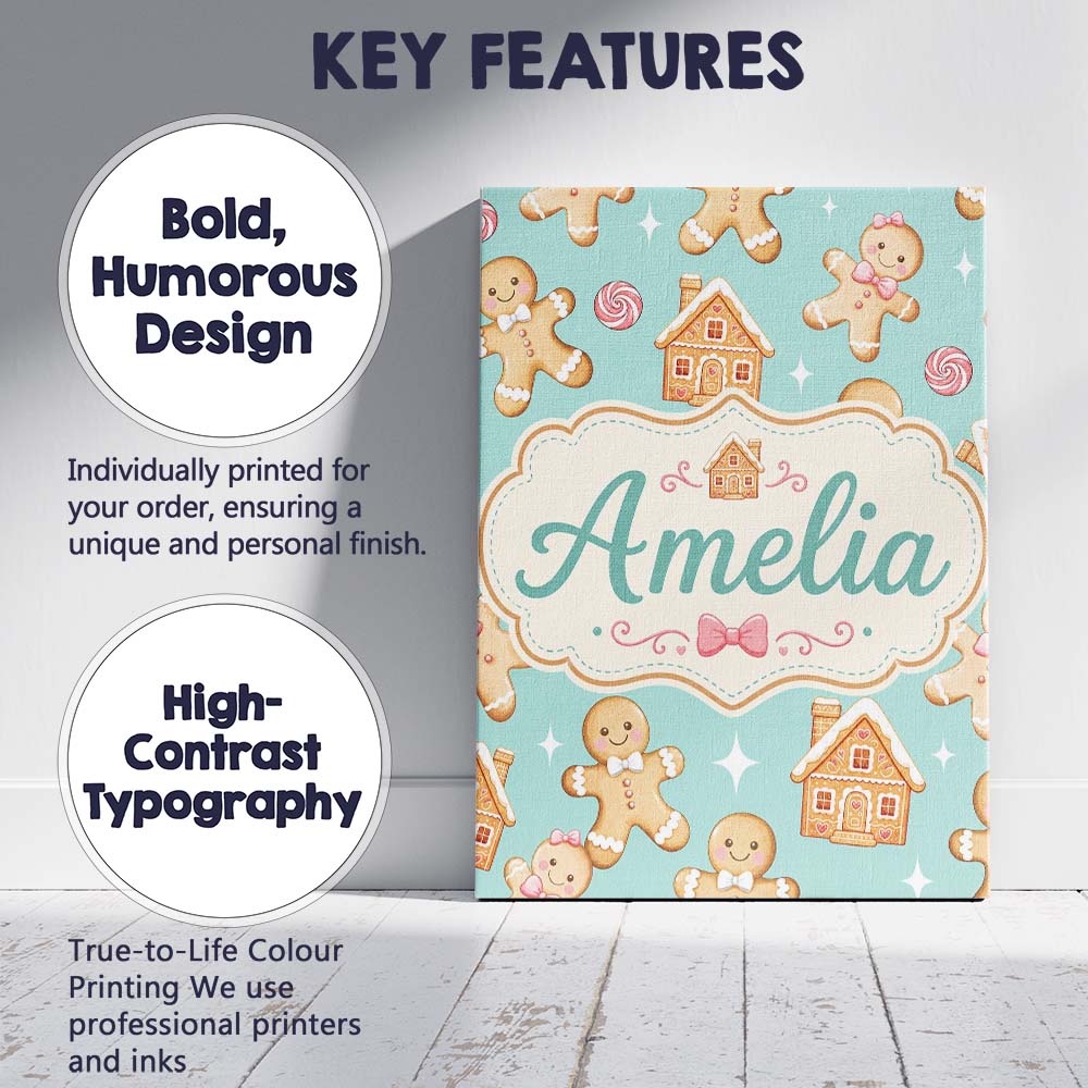 Personalised Name Cute Gingerbread Cookies Custom  Unique Gift Idea Elegant Feature Canvas Wall Art Print Decor Picture Ready to Hang