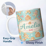 Personalized Custom Name Cute Gingerbread Cookies Candy House Teal Background Seamless 11oz Ceramic Coffee Tea Mug White Large Handle