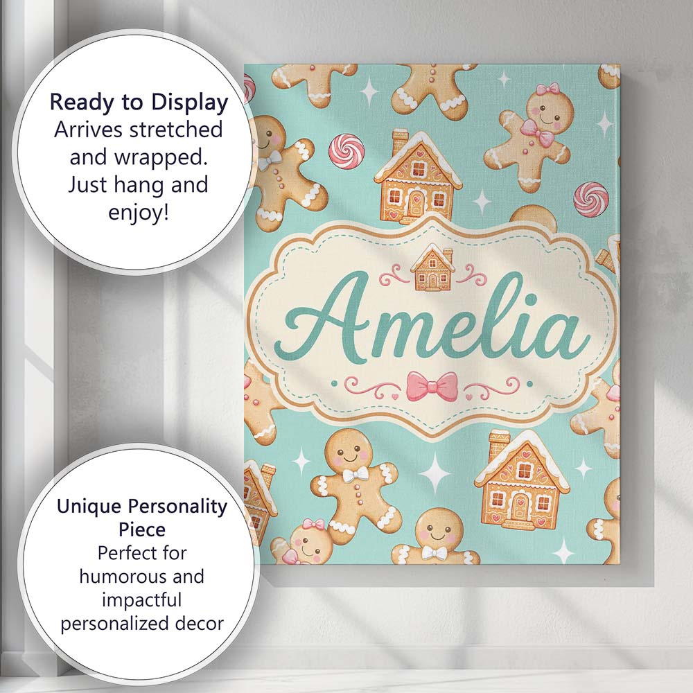 Personalised Name Cute Gingerbread Cookies Custom  Unique Gift Idea Elegant Feature Canvas Wall Art Print Decor Picture Ready to Hang