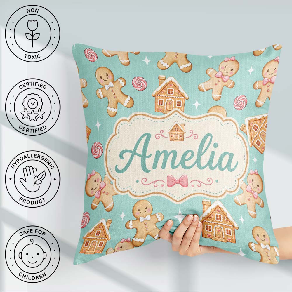 Custom Name Cute Gingerbread Cookies Candy House Teal Background Square Filled Cushion Throw Pillow Sofa Bed Home Decor Zip Washable UK Made