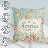 Custom Name Cute Gingerbread Cookies Candy House Teal Background Square Filled Cushion Throw Pillow Sofa Bed Home Decor Zip Washable UK Made