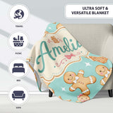 Cute Gingerbread Cookies Candy House Teal Background Seamless  Personalised Custom Name Super Soft Fleece Blanket Bed Sofa Throw