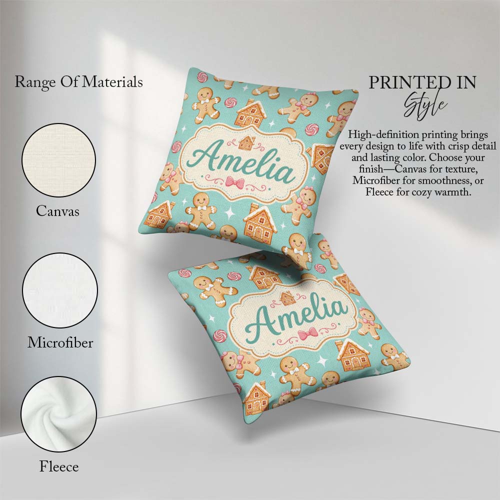 Custom Name Cute Gingerbread Cookies Candy House Teal Background Square Filled Cushion Throw Pillow Sofa Bed Home Decor Zip Washable UK Made