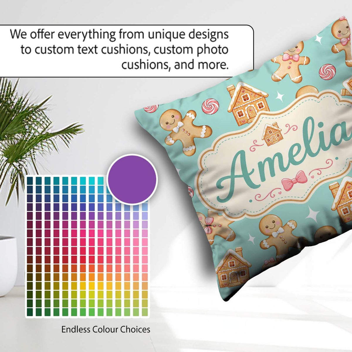Custom Name Cute Gingerbread Cookies Candy House Teal Background Square Filled Cushion Throw Pillow Sofa Bed Home Decor Zip Washable UK Made