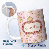 Personalized Custom Name Cute Gingerbread Cookies Candy House Soft Pink Background Seamless 11oz Ceramic Coffee Tea Mug White Large Handle