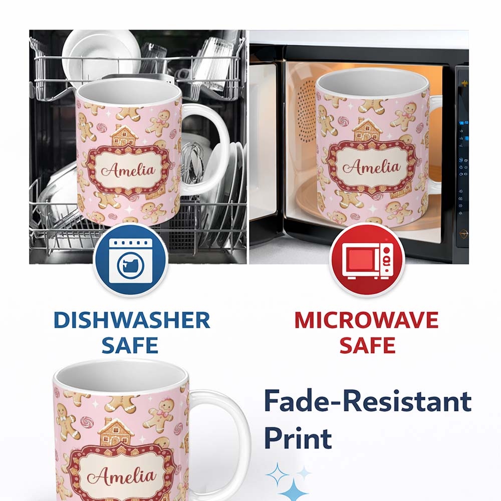 Personalized Custom Name Cute Gingerbread Cookies Candy House Soft Pink Background Seamless 11oz Ceramic Coffee Tea Mug White Large Handle
