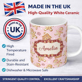 Personalized Custom Name Cute Gingerbread Cookies Candy House Soft Pink Background Seamless 11oz Ceramic Coffee Tea Mug White Large Handle