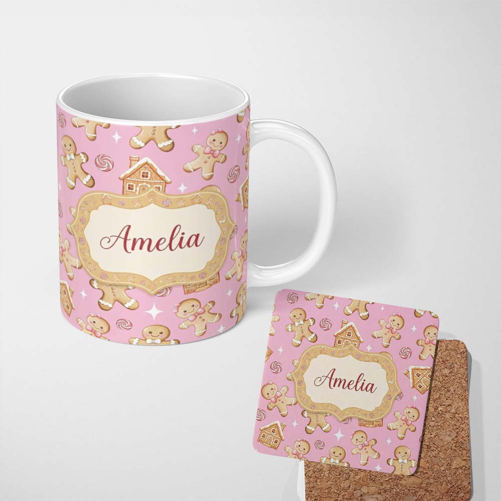 Personalized Custom Name Cute Gingerbread Cookies Candy House Pastel Pink Background 11oz Ceramic Coffee Tea Mug White Large Handle