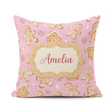 Custom Name Cute Gingerbread Cookies Candy House Pink Background Square Filled Cushion Throw Pillow Sofa Bed Home Decor Zip Washable UK Made