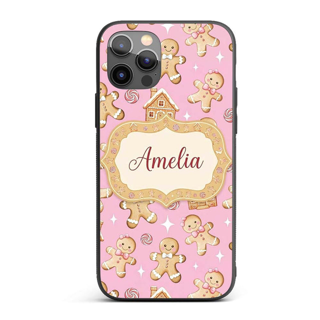 Cute Gingerbread Cookies Candy House Pastel Pink Custom Name Protective Phone Case Mobile Cover Durable Everyday Smartphone Shock Resistant