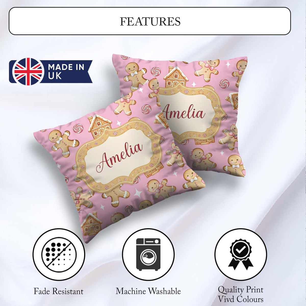 Custom Name Cute Gingerbread Cookies Candy House Pink Background Square Filled Cushion Throw Pillow Sofa Bed Home Decor Zip Washable UK Made