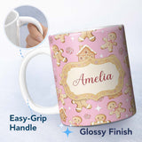 Personalized Custom Name Cute Gingerbread Cookies Candy House Pastel Pink Background 11oz Ceramic Coffee Tea Mug White Large Handle