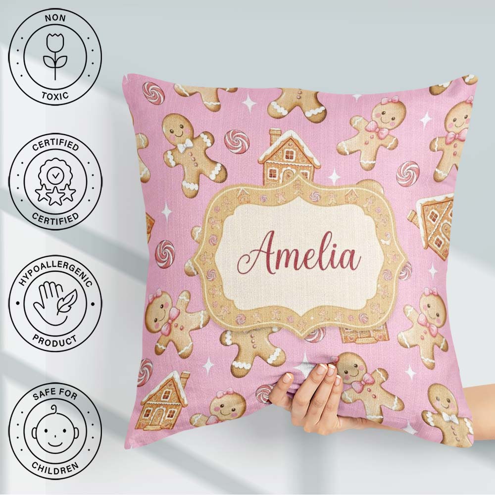 Custom Name Cute Gingerbread Cookies Candy House Pink Background Square Filled Cushion Throw Pillow Sofa Bed Home Decor Zip Washable UK Made