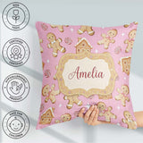 Custom Name Cute Gingerbread Cookies Candy House Pink Background Square Filled Cushion Throw Pillow Sofa Bed Home Decor Zip Washable UK Made