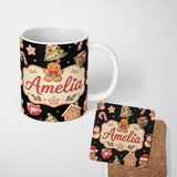 Personalized Custom Name Cute Christmas Gingerbread Tree Candy Cane Black Background 11oz Ceramic Coffee Tea Mug White Large Handle