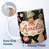 Personalized Custom Name Cute Christmas Gingerbread Tree Candy Cane Black Background 11oz Ceramic Coffee Tea Mug White Large Handle