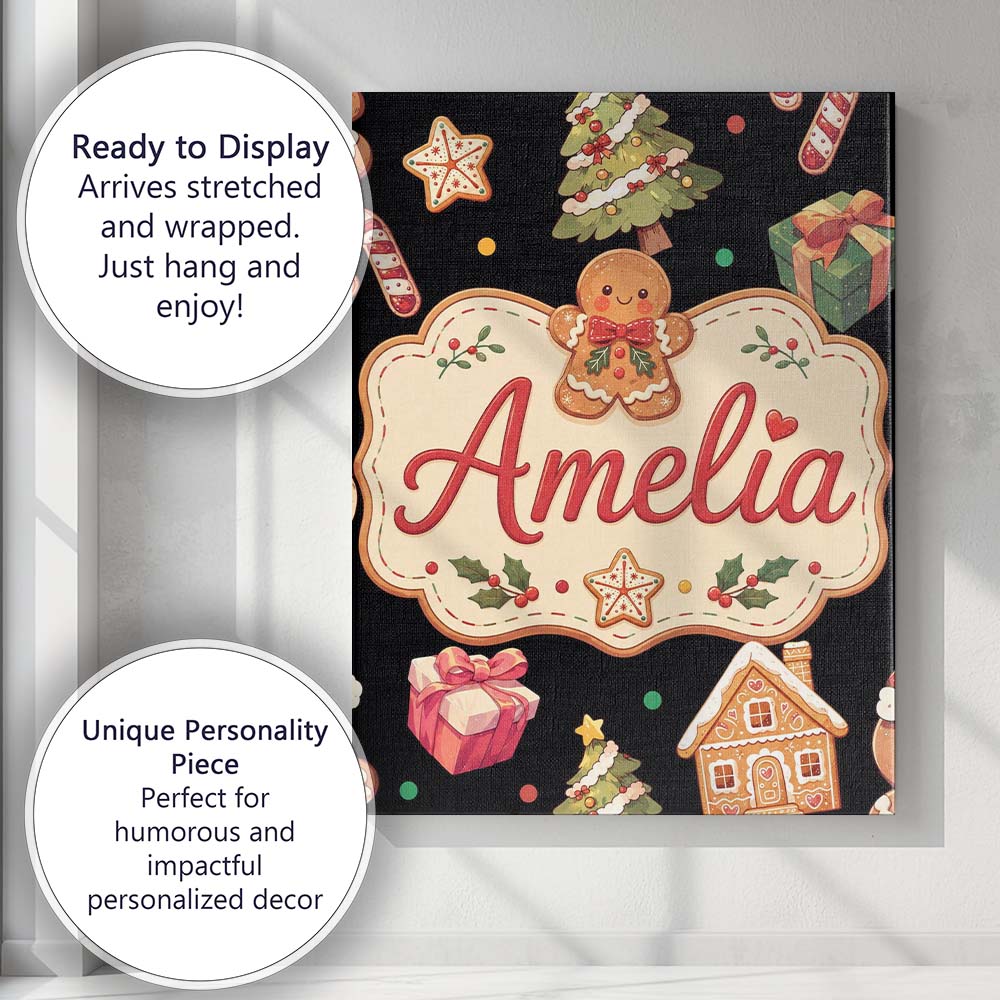 Personalised Name Cute Christmas Gingerbread Custom Bespoke  Contemporary Display Canvas Wall Art Print Decor Picture Ready to Hang