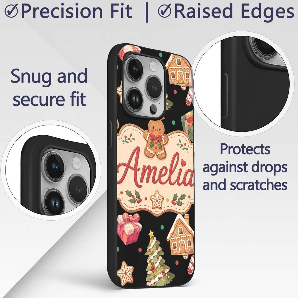 Cute Christmas Gingerbread Tree Candy Cane Black Custom Name Protective Phone Case Mobile Cover Durable Everyday Smartphone Shock Resistant