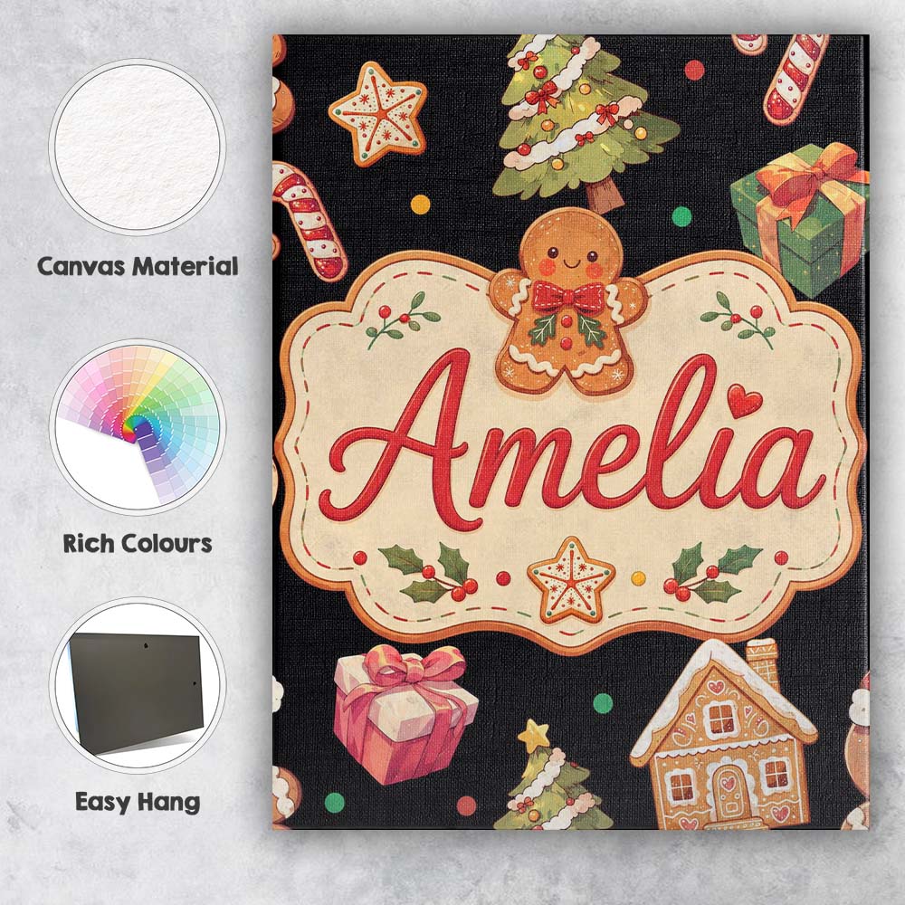 Personalised Name Cute Christmas Gingerbread Custom Bespoke  Contemporary Display Canvas Wall Art Print Decor Picture Ready to Hang