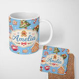 Personalized Custom Name Cute Christmas Gingerbread Tree Candy Cane Blue Background Seamless 11oz Ceramic Coffee Tea Mug White Large Handle