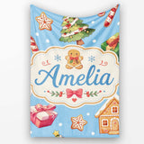 Cute Christmas Gingerbread Tree Candy Cane Blue Background Seamless  Personalised Custom Name Super Soft Fleece Blanket Bed Sofa Throw