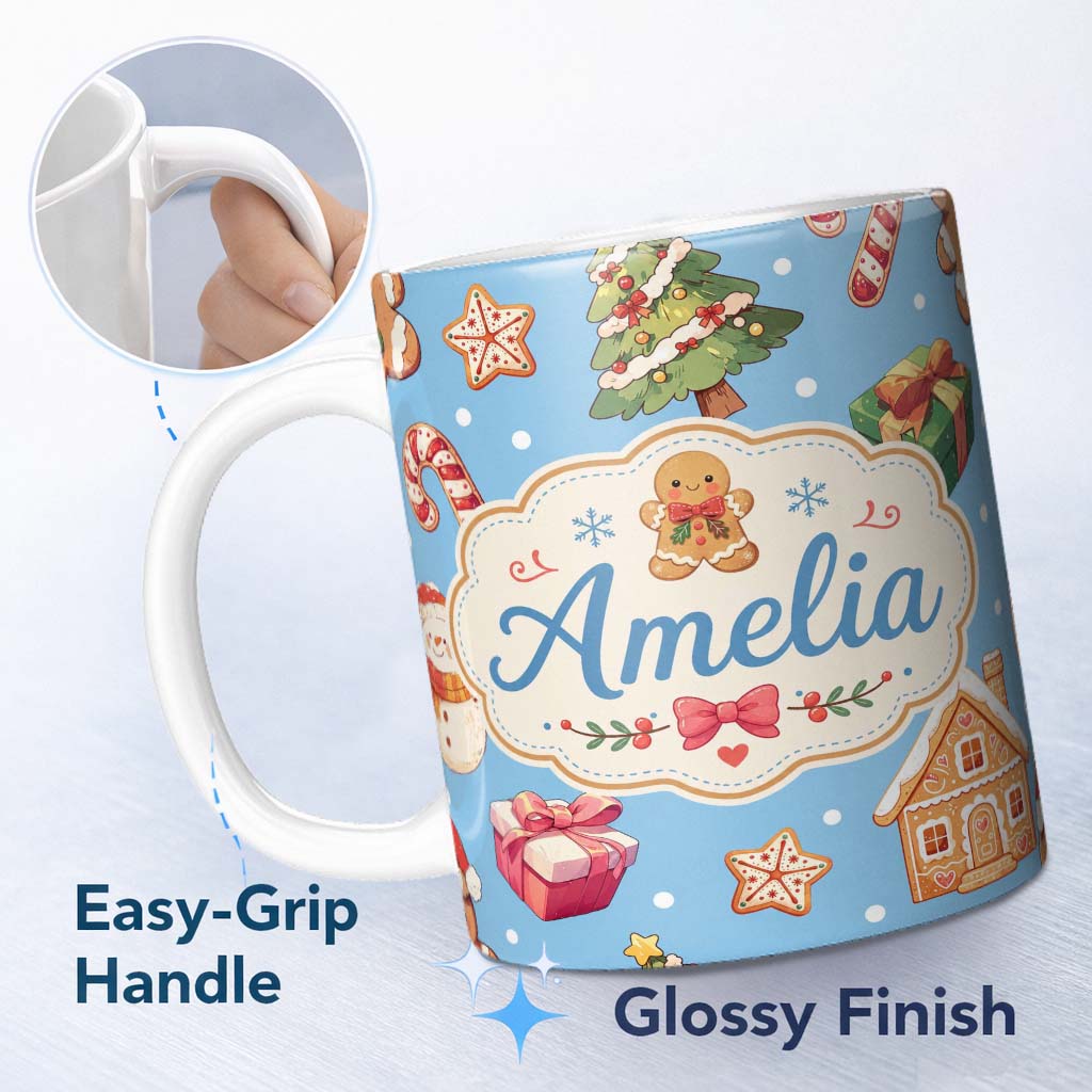Personalized Custom Name Cute Christmas Gingerbread Tree Candy Cane Blue Background Seamless 11oz Ceramic Coffee Tea Mug White Large Handle