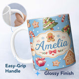 Personalized Custom Name Cute Christmas Gingerbread Tree Candy Cane Blue Background Seamless 11oz Ceramic Coffee Tea Mug White Large Handle