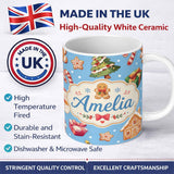 Personalized Custom Name Cute Christmas Gingerbread Tree Candy Cane Blue Background Seamless 11oz Ceramic Coffee Tea Mug White Large Handle