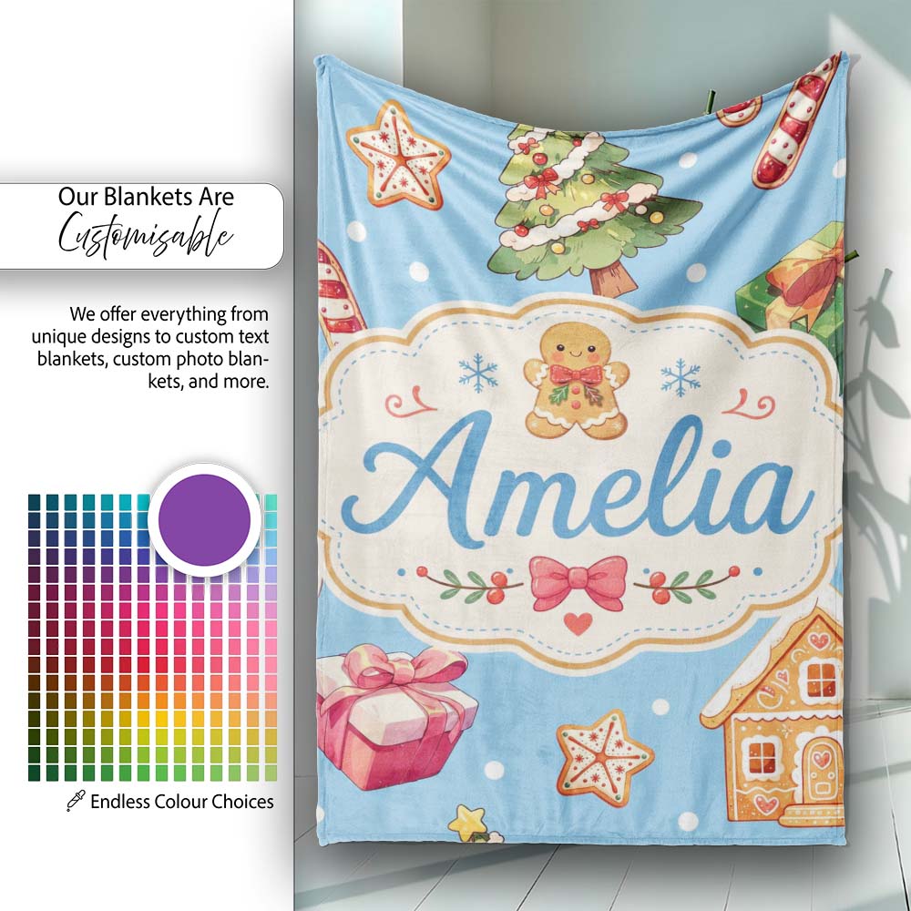 Cute Christmas Gingerbread Tree Candy Cane Blue Background Seamless  Personalised Custom Name Super Soft Fleece Blanket Bed Sofa Throw