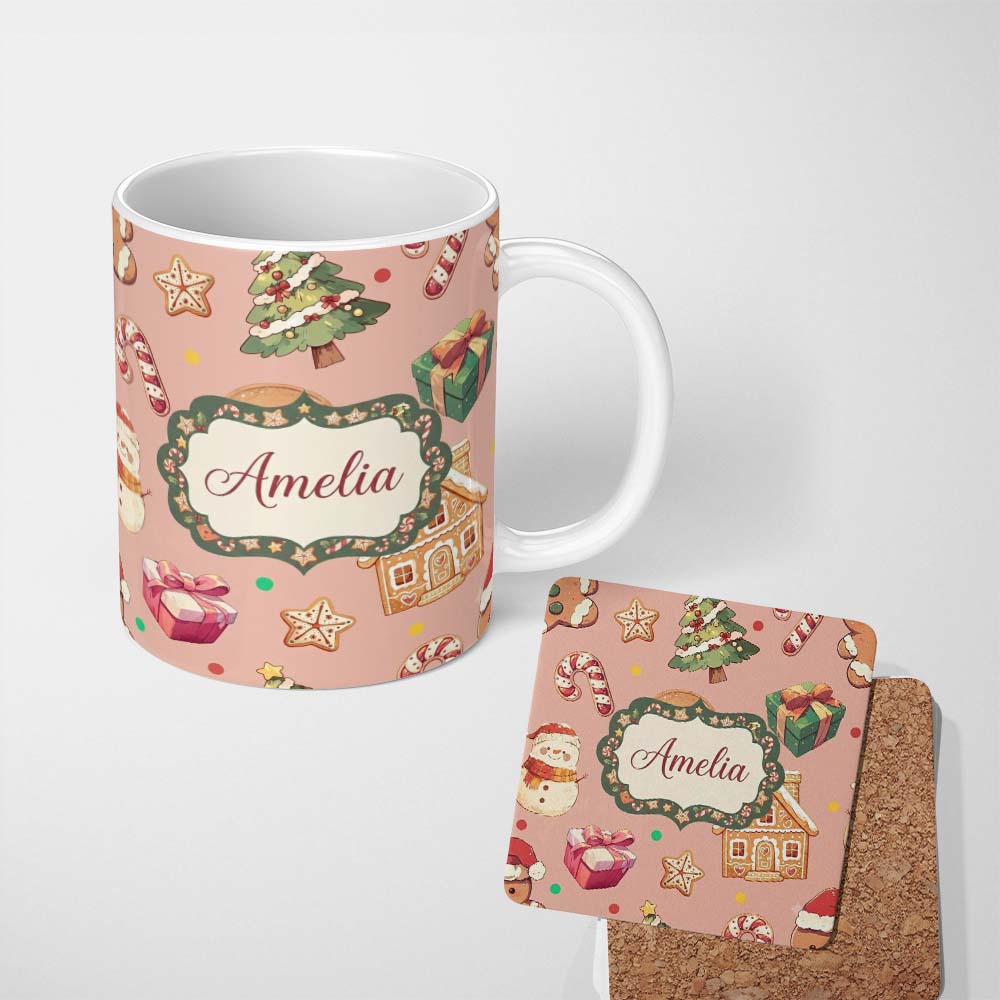 Personalized Custom Name Cute Christmas Gingerbread Tree Candy Cane Peach Background 11oz Ceramic Coffee Tea Mug White Large Handle