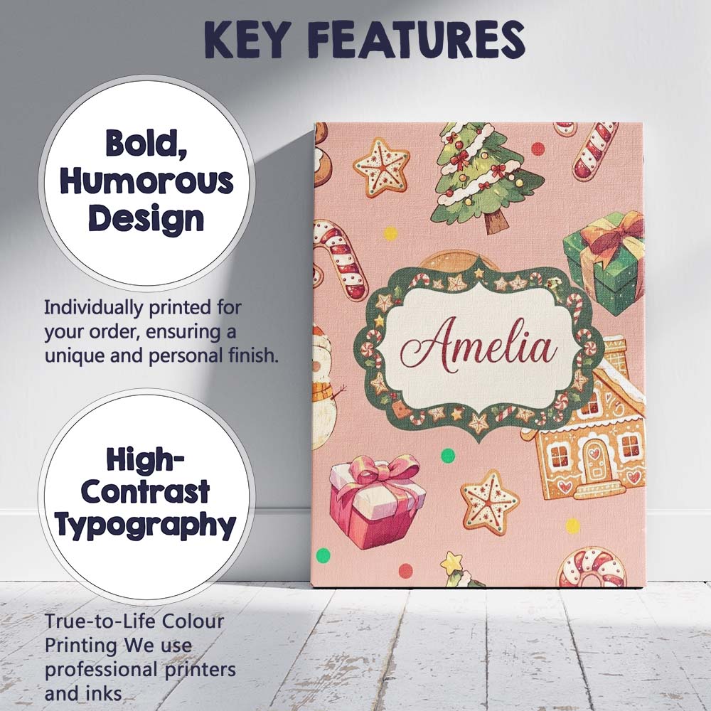 Personalised Name Cute Christmas Gingerbread Custom Bespoke  Contemporary Display Canvas Wall Art Print Decor Picture Ready to Hang