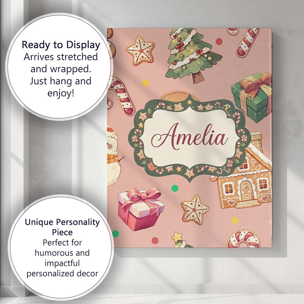 Personalised Name Cute Christmas Gingerbread Custom Bespoke  Contemporary Display Canvas Wall Art Print Decor Picture Ready to Hang