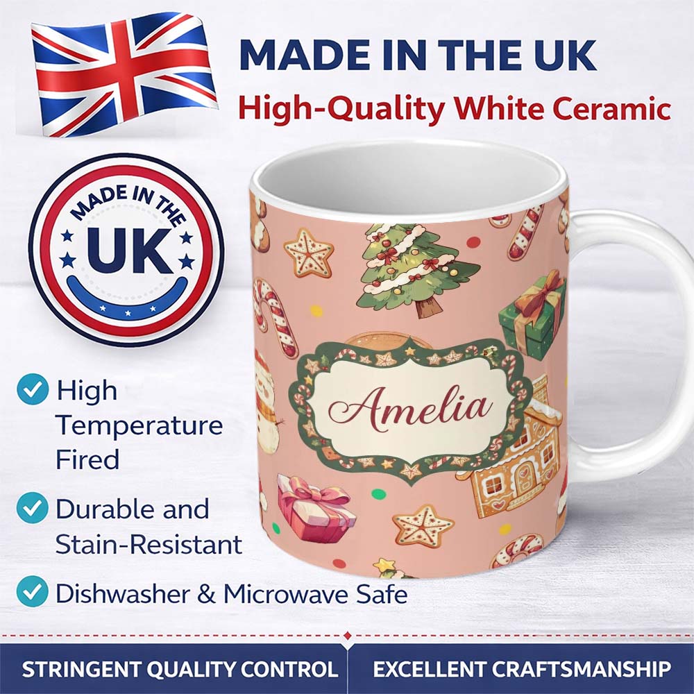 Personalized Custom Name Cute Christmas Gingerbread Tree Candy Cane Peach Background 11oz Ceramic Coffee Tea Mug White Large Handle