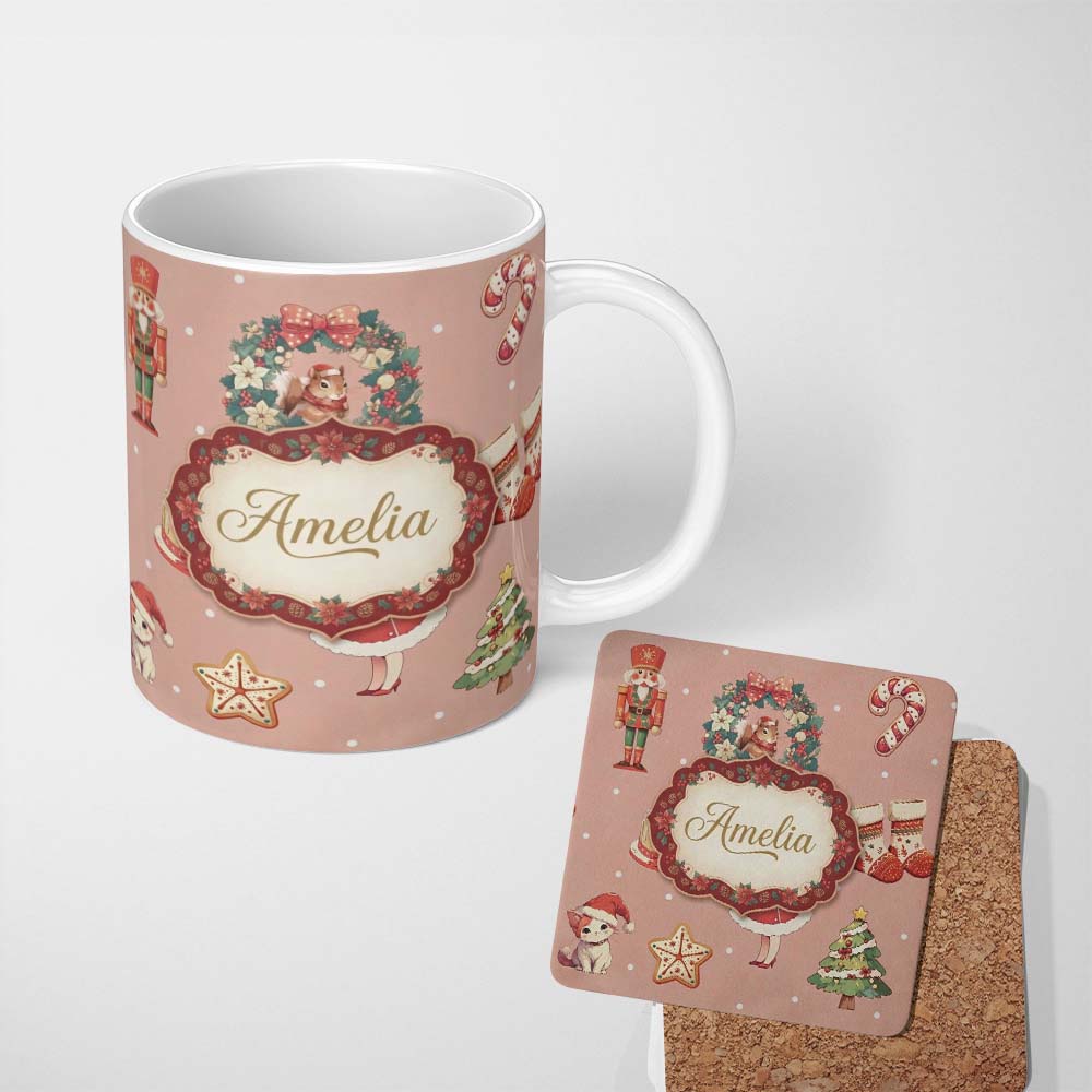 Personalized Custom Name Cute Christmas Nutcracker Wreath Cake Girl Pink Background Seamless 11oz Ceramic Coffee Tea Mug White Large Handle