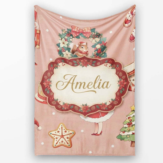 Cute Christmas Nutcracker Wreath Cake Girl Pink Background Seamless  Personalised Custom Name Super Soft Fleece Blanket Bed Sofa Throw