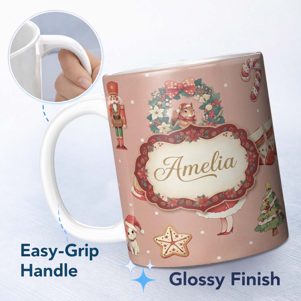 Personalized Custom Name Cute Christmas Nutcracker Wreath Cake Girl Pink Background Seamless 11oz Ceramic Coffee Tea Mug White Large Handle