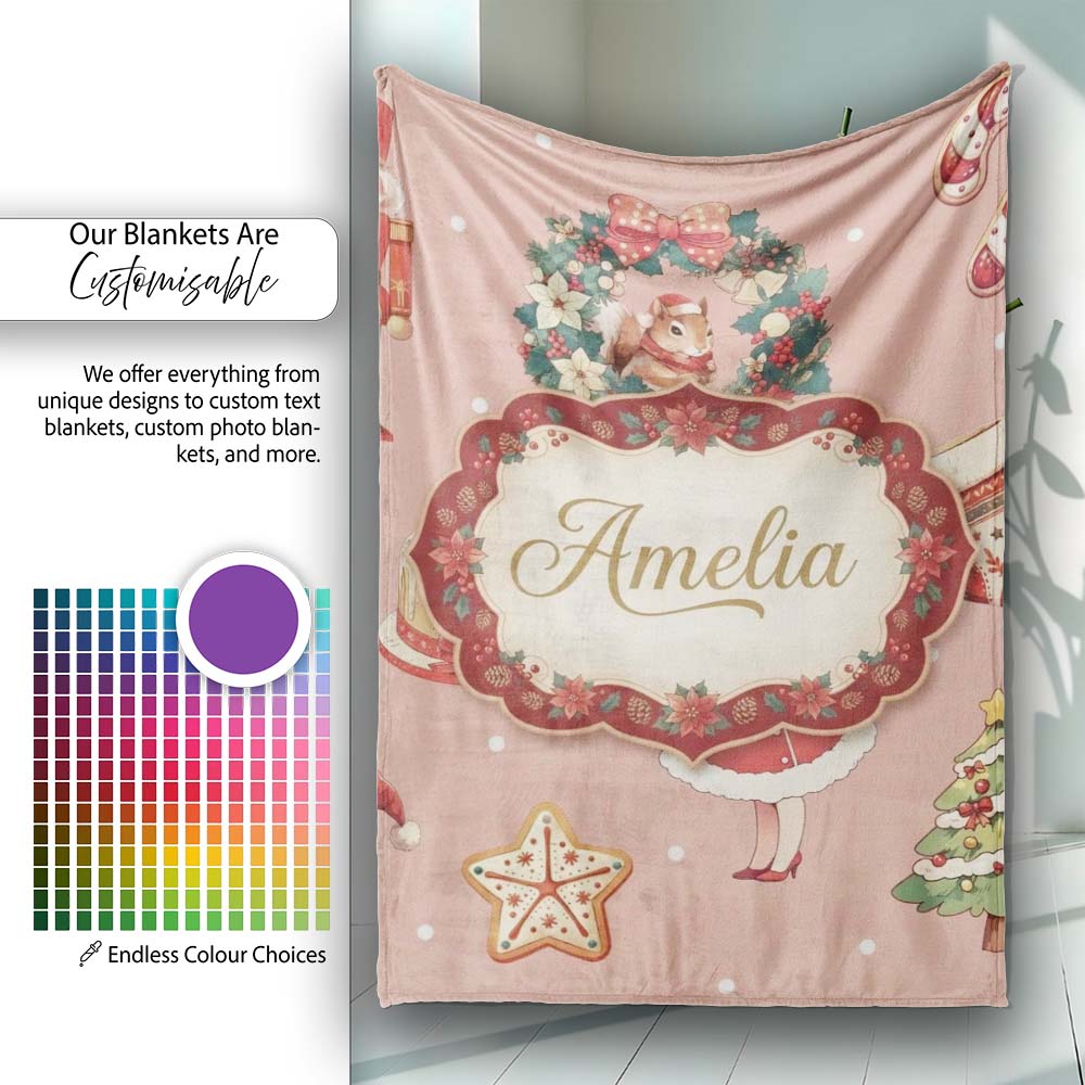 Cute Christmas Nutcracker Wreath Cake Girl Pink Background Seamless  Personalised Custom Name Super Soft Fleece Blanket Bed Sofa Throw