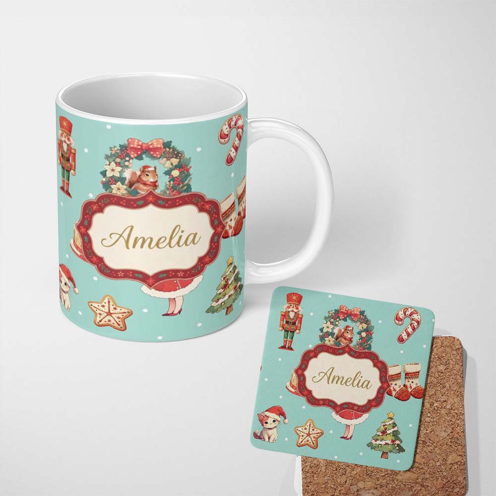 Personalized Custom Name Cute Christmas Nutcracker Wreath Cake Girl Teal Background Seamless 11oz Ceramic Coffee Tea Mug White Large Handle