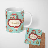 Personalized Custom Name Cute Christmas Nutcracker Wreath Cake Girl Teal Background Seamless 11oz Ceramic Coffee Tea Mug White Large Handle