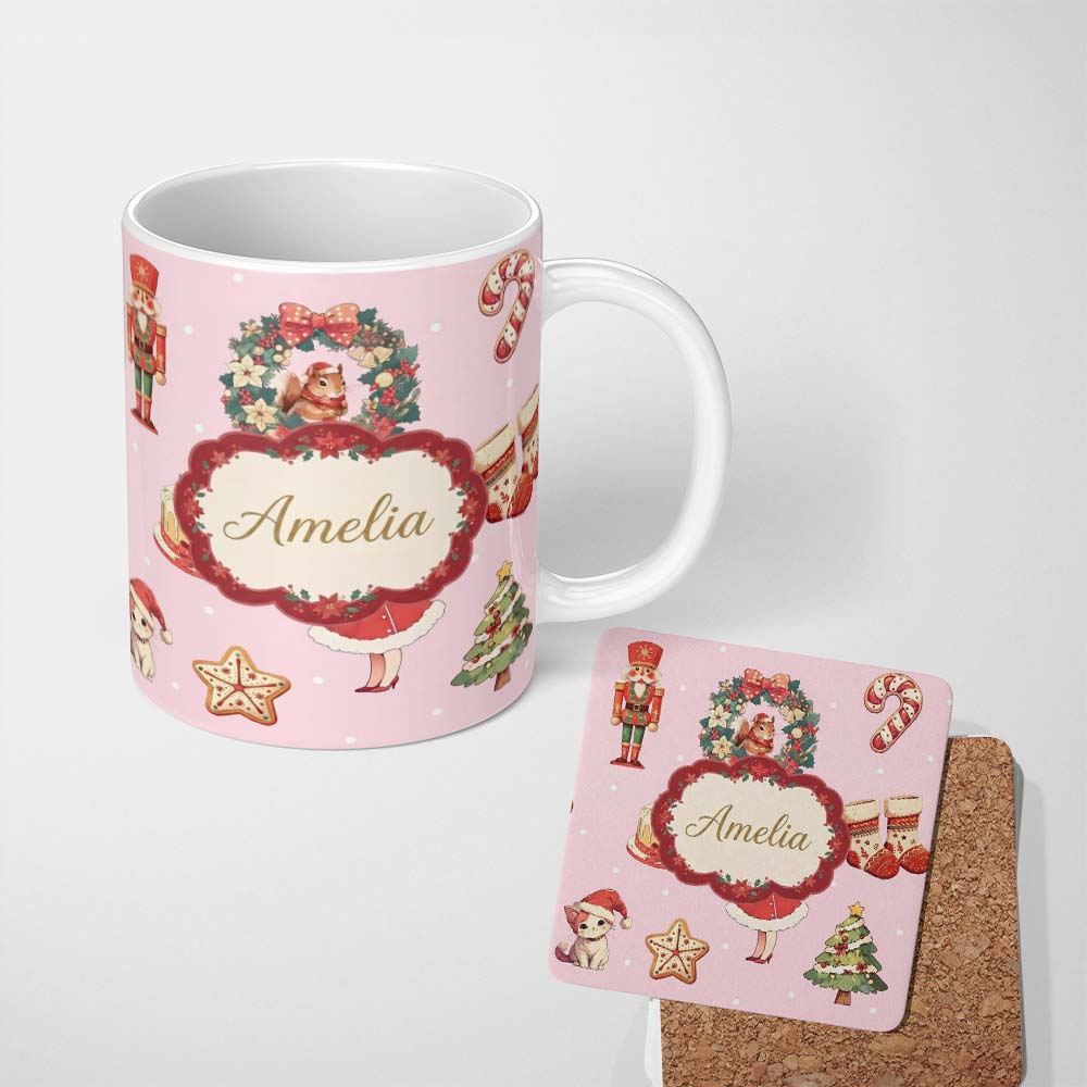 Personalized Custom Name Christmas Nutcracker Wreath Cake Girl Soft Pink Background Seamless 11oz Ceramic Coffee Tea Mug White Large Handle