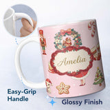 Personalized Custom Name Christmas Nutcracker Wreath Cake Girl Soft Pink Background Seamless 11oz Ceramic Coffee Tea Mug White Large Handle
