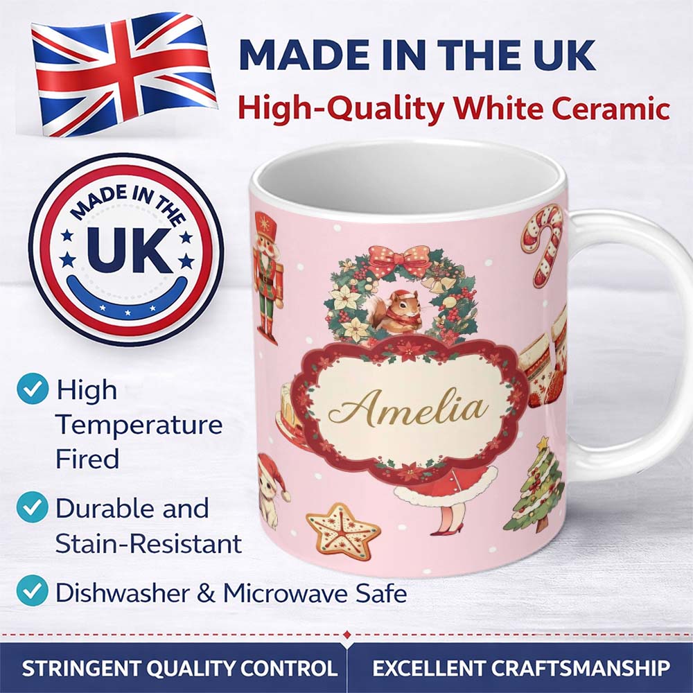 Personalized Custom Name Christmas Nutcracker Wreath Cake Girl Soft Pink Background Seamless 11oz Ceramic Coffee Tea Mug White Large Handle
