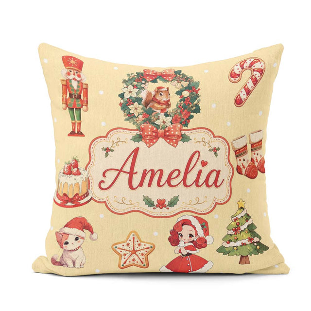 Custom Name Cute Christmas Nutcracker Cake Girl Beige Background Square Filled Cushion Throw Pillow Sofa Bed Home Decor Zip Washable UK Made