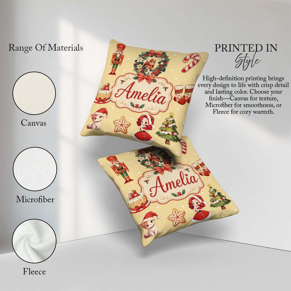 Custom Name Cute Christmas Nutcracker Cake Girl Beige Background Square Filled Cushion Throw Pillow Sofa Bed Home Decor Zip Washable UK Made