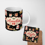 Personalized Custom Name Cute Christmas Gnome Reindeer Snowman Gift Black Background 11oz Ceramic Coffee Tea Mug White Large Handle